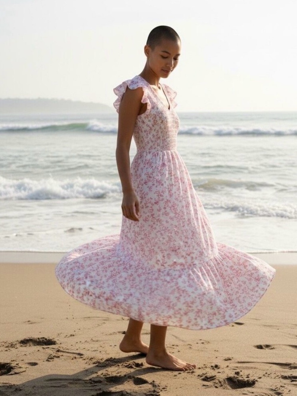 By the River Pink Floral Midi Dress with Ruffle Sleeves